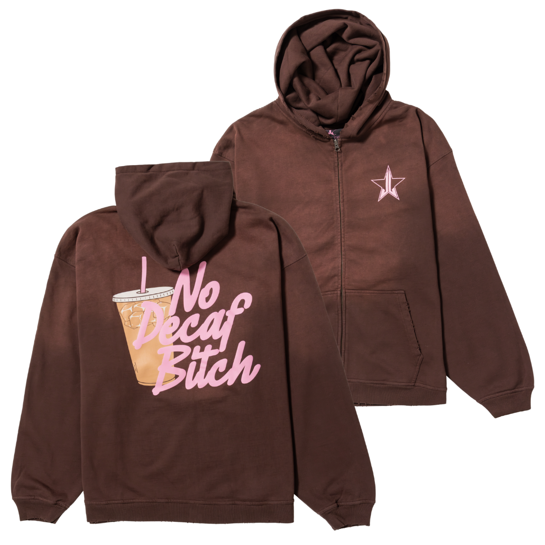 No Decaf Distressed Zip-Up Hoodie